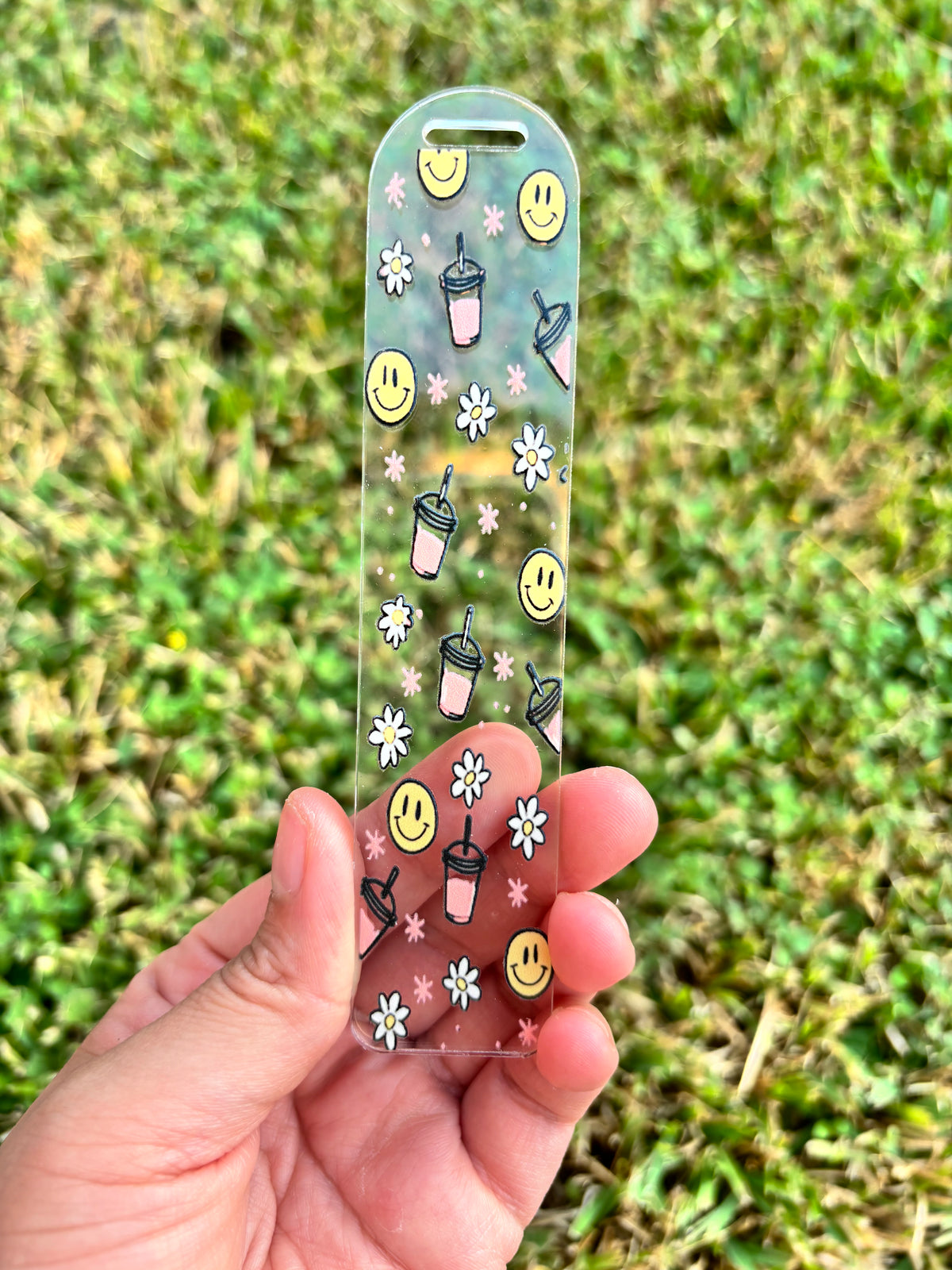 Smiley Face, Flowers and Drink Bookmark